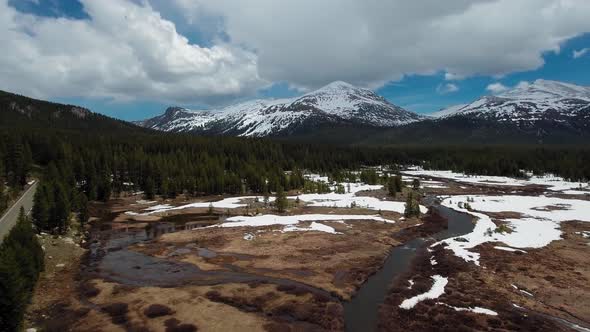 Drone moves away from forest in front of of Mount Dana and Mount Gibbs at Yosemite, California, USA alt