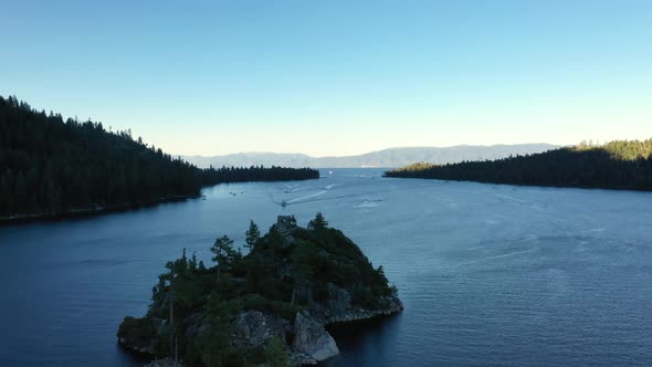 Picturesque Sunset And Island Of Emerald Bay In Lake Tahoe - aerial shot alt