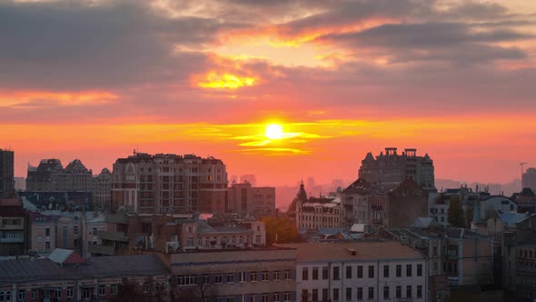 Aerial view of Kyiv city at sunset, Ukraine. Panoramic cityscape, 4k time lapse