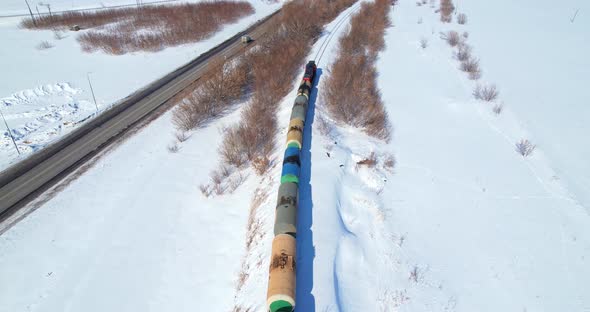 Train in winter aerial view