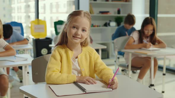 Portrait of a Beautiful Blonde Pupil Schoolgirl Sitting on a Chair in the Classroom Against the