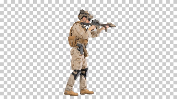 Soldier of special force walking and shooting, Alpha Channel alt
