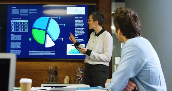 Executives discussing on screen in conference room 4k alt