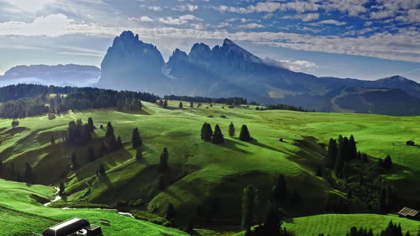 Aerial view of Alpe di Siusi in sunrise, Dolomites alt