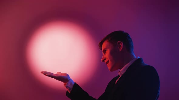 Presenting Hand Pleased Man Festive Surprise alt