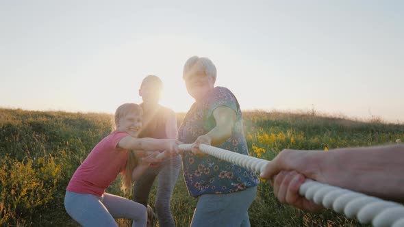 Cheerful Family Competes in Tug of War at Summer Camp alt