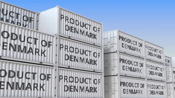 Containers with PRODUCT OF DENMARK Text in a Container Terminal alt