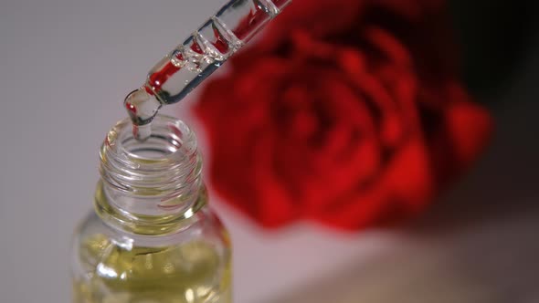 Drops of Aroma Floral Liquids Falling From Cosmetic Pipette to Glass Bottle with Perfume