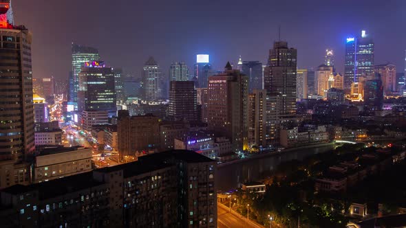 Shanghai Urban Cityscape Aerial Skyline Panorama Timelapse at Night Zoom Out alt