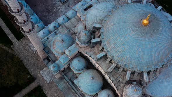 Suleymaniye Mosque Enterior Golden Alem And Dome Aerial View 2