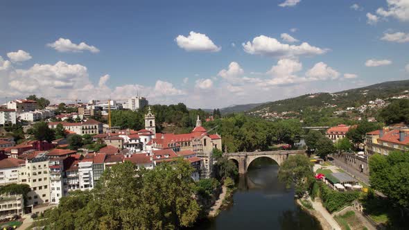 Cityscape of Amarante, Portugal. Tamega River and city riverside aerial view alt