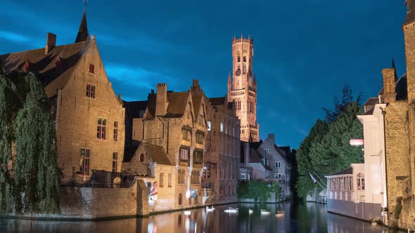 Evening timelapse of Dijver Canal in Bruges 