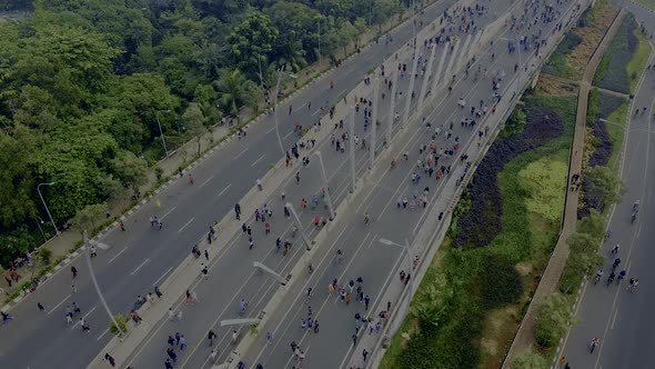 Aerial view. A crowd attends the car free day along street. alt
