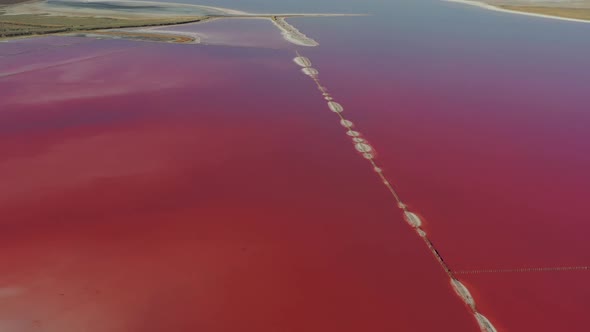 Beautiful top view of the salty, pink lake. Beautiful pink sunrise. alt