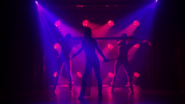 Silhouette Dancing and Singing Greek Goddess Artemis on Stage in a Dark Studio with Smoke and Neon alt