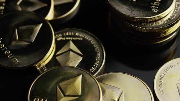 Rotating shot of Bitcoins (digital cryptocurrency) - BITCOIN ETHEREUM 174 alt