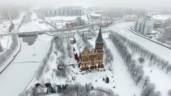 Aerial view of the Cathedral in Kaliningrad in the wintertime alt