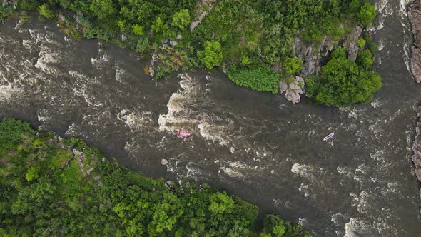 High Above Drone Aerial View on Beautiful Fast River with Rapids and Waterfalls alt