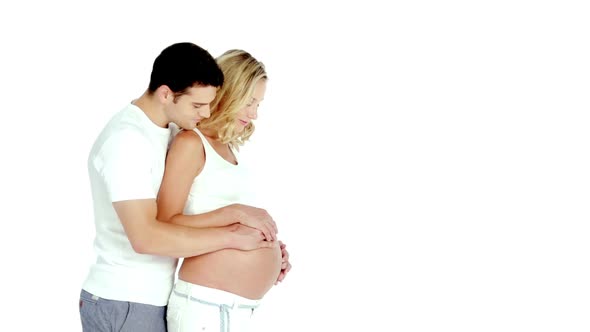 Pregnant Woman With Husband Isolated on White alt