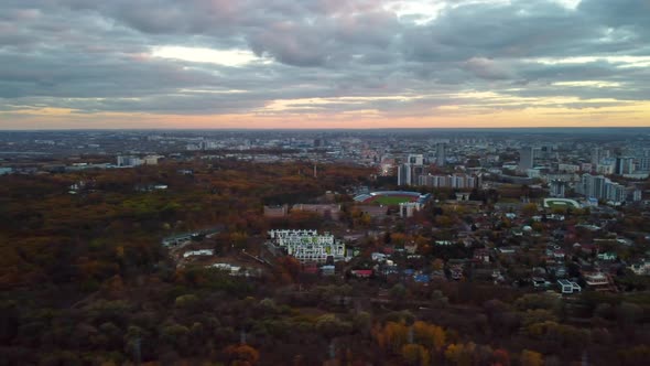 Aerial sunset clouds in Kharkiv city center park