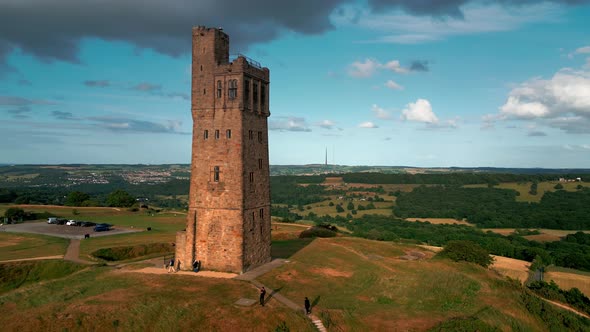 Castle Hill, ancient monument overlooking Huddersfield in West Yorkshire. Drone footage ariel footag alt