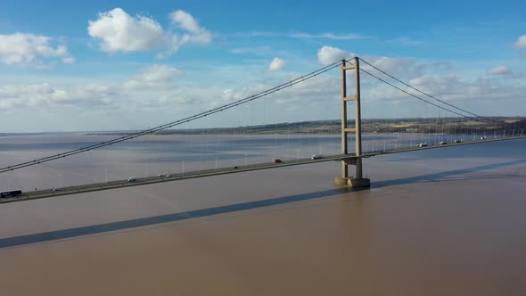 Aerial footage of The Humber Bridge, near Kingston upon Hull, East Riding of Yorkshire alt