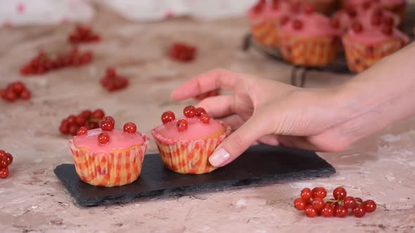 Tasty Muffins With Red Currants Berries And Sugar Glaze
