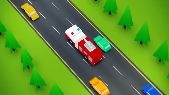 A busy highway. The fire truck with the flashing lights on the emergency call alt