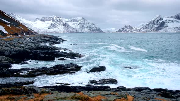 Norwegian Sea Waves on Rocky Coast of Lofoten Islands, Norway alt
