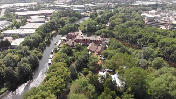 Aerial footage of The Made in Leeds Festival located at the Thwaite Mills in Leeds in the UK alt