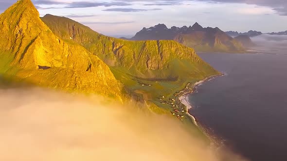 Beautiful landscape of Norway.Norway mountain on sunset clouds.Top point of view. Aerial view  