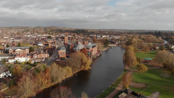 Aerial Drone View Stratford-Upon-Avon, River Avon Shakespeare, The Swan Theatre
