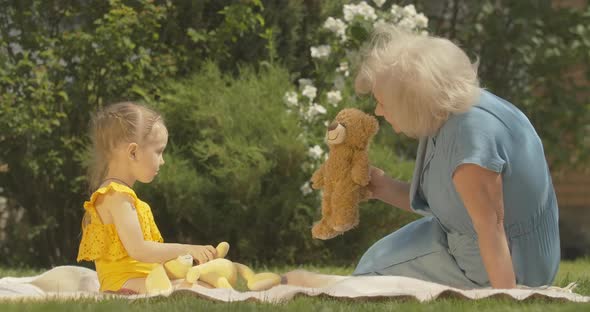 Side View of Positive Caucasian Senior Woman Playing Teddy Bear with Little Girl and Telling alt