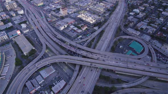 Birds eye view of The Highway 10 and 110 at dusk as seen from a helicopter