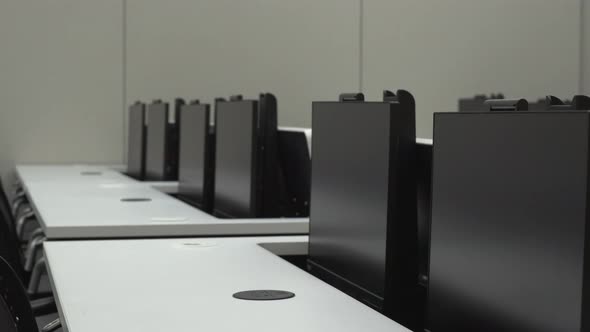 Conference Room Desks with Motorized Monitor Lift Screens Close Up alt