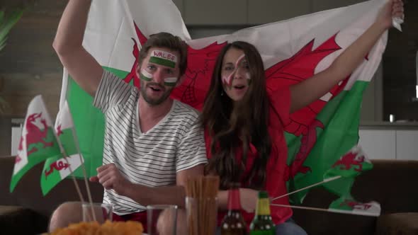 Thrilled Welsh soccer Fan Couple at Home Cheering for Wales