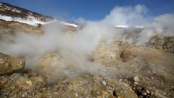 Activity of Natural Volcanic Sulfur Hot Springs Erupting from Fumaroles Clouds of Hot Gas, Steam