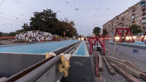 Tram Rails at the Stage of Their Installation and Integration Into Concrete Plates on the Road alt