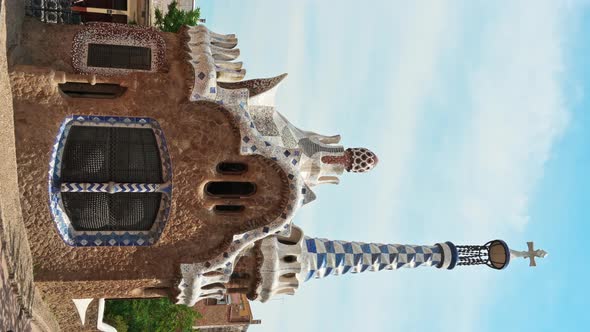 Park Guel, building with unusual architectural style, Barcelona, Spain. Vertical view alt