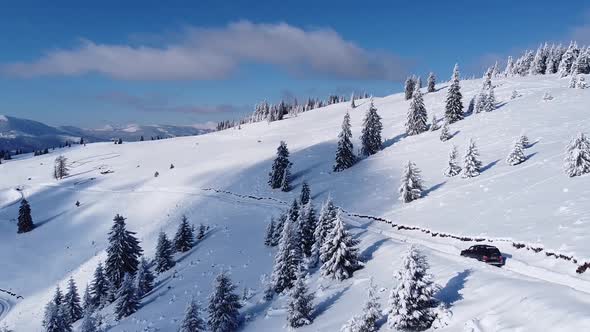 Panoramic Aerial View Over Mountains In Winter