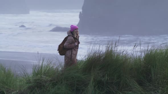 Slow Motion Shot on RED Camera Woman at Beach on Cloudy Rainy Day 6K USA Travel alt