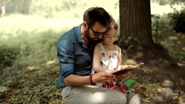 Cheerful Daughter Education Learn  Read Book On Family Father Day.Single Parent Dad Teach Child Girl alt