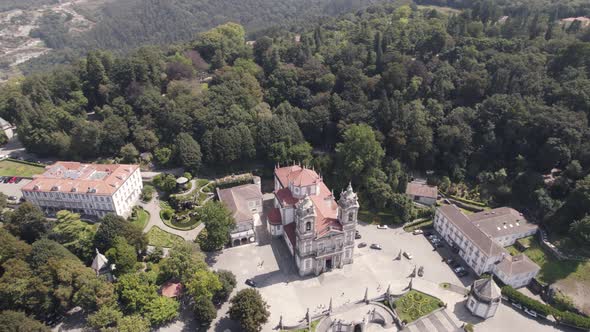 Hilltop church and Sanctuary of Bom Jesus do Monte, Braga, Portugal. Establisher shot alt