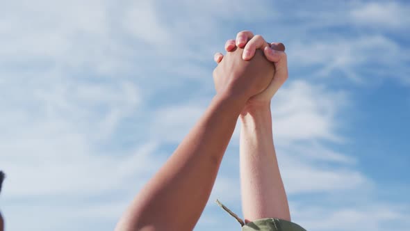 Midsection of diverse female gay couple raising and holding hands alt