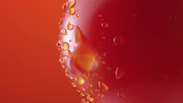 Ripe Tomato in Drops of Water Rotateson Red Studio Background alt