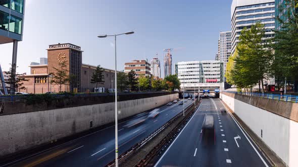 Day Time Lapse with traffic flow on highway in The Hague, The Netherlands alt