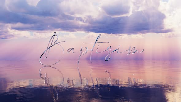 Translucent Baptism Text Over Calm Water at Sunset Looping Background