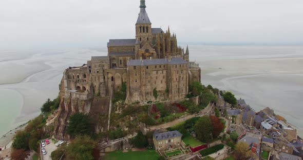 French Castle on a small island in France Le Mont Saint Michel Drone Shot In Normandy Typical Gothic alt