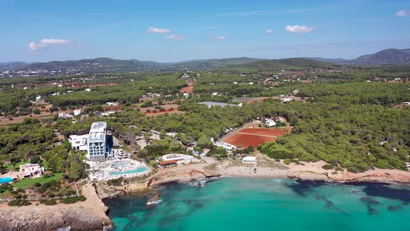 Aerial footage of the beautiful island of Ibiza, Spain in the Balearic islands alt