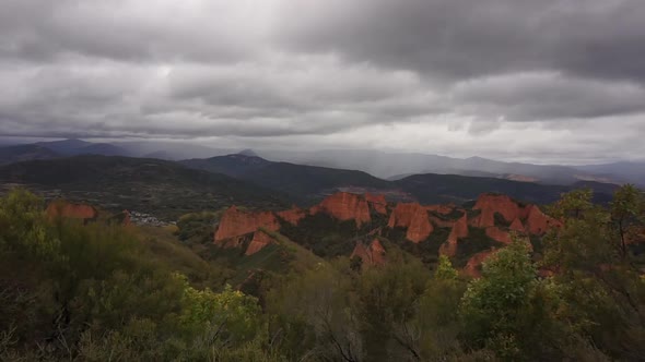 Timelapse of Las Medulas ancient roman gold mine on a moody rain day, Spain alt